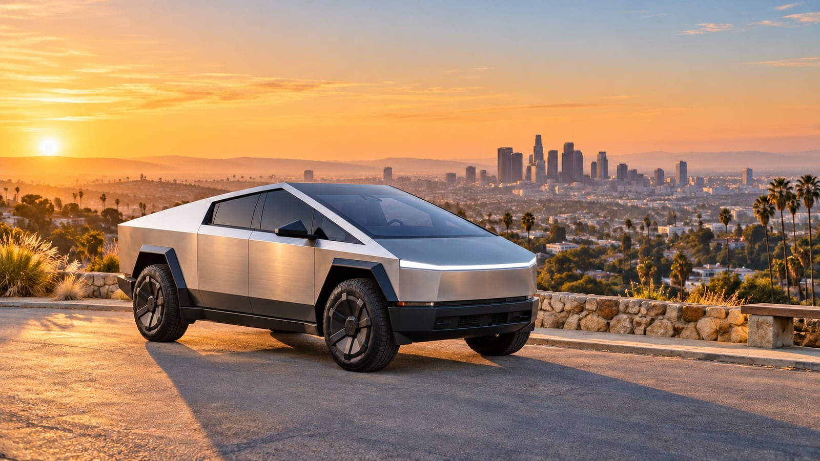 KI-Konzeptvisualisierung des Cybertruck vor der Skyline von Los Angeles